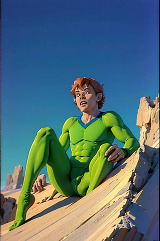 a redhead cartoon character dressed in a green leotard, very muscular, a young male wizard, 1980s cartoon, animated episode still, Presto (((mad)))