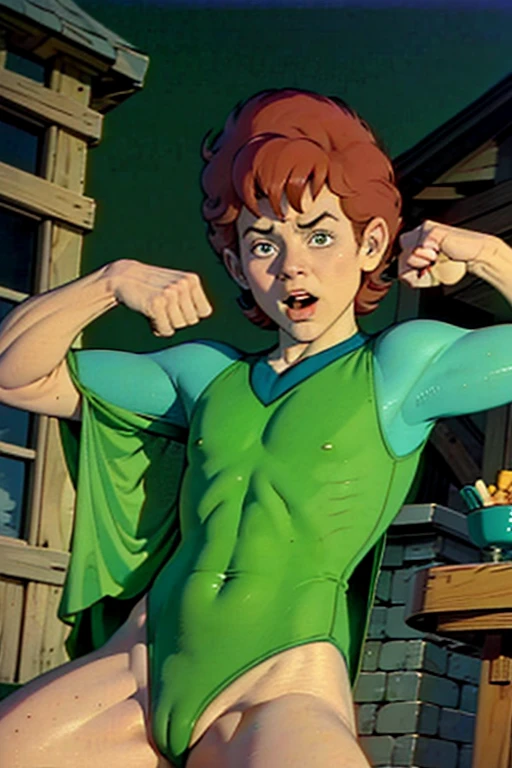a redhead cartoon character dressed in a green leotard, very muscular, a young male wizard, 1980s cartoon, animated episode still, Presto (((mad)))