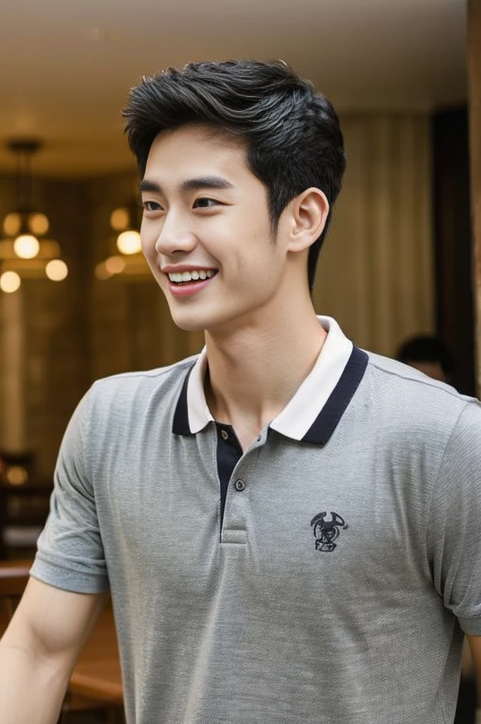 Korean man, Inspiration from Peng Yuyan, 23 years old, Korean muscular man ,The dining room is in the back, a tight-fitting polo shirt., open mouth smile