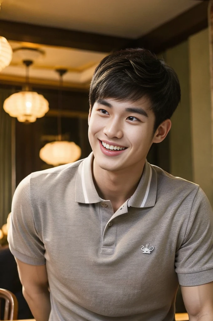 Korean man, Inspiration from Peng Yuyan, 23 years old, Korean muscular man ,The dining room is in the back, a tight-fitting polo shirt., open mouth smile