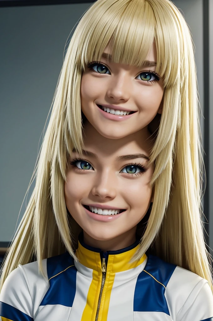 Screenshot of my hero academia.
long hair girl, straight white with gold tips and bangs.
She has super pretty yellow eyes and a happy expression..
He wears the U .A and the background of a classroom