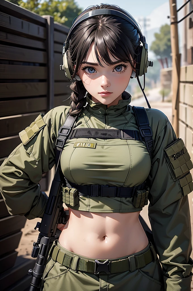 In war, Woman in white holding a rifle and wearing headphones, 24 year old woman, young soldier, mechanized young soldier, Military Girl, beautiful female soldier, Female lead character, Military Girlราบ, Girl's sniper at war, solo female character, Future combat equipment, Half-body close-up, Woman wearing military bulletproof crop top, Show navel, Wear tactical equipment, Wear tactical armor., (realistic navel shape)