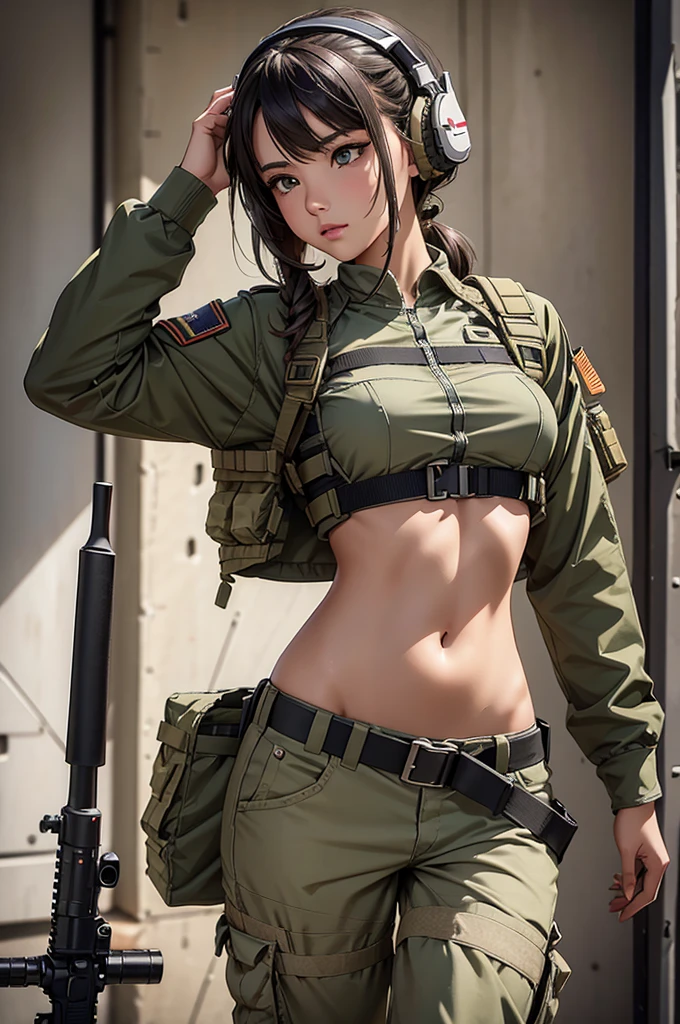 In war, Woman in white holding a rifle and wearing headphones, 24 year old woman, young soldier, mechanized young soldier, Military Girl, beautiful female soldier, Female lead character, Military Girlราบ, Girl's sniper at war, solo female character, Future combat equipment, Half-body close-up, Woman wearing military bulletproof crop top, Show navel, Wear tactical equipment, Wear tactical armor., (realistic navel shape)