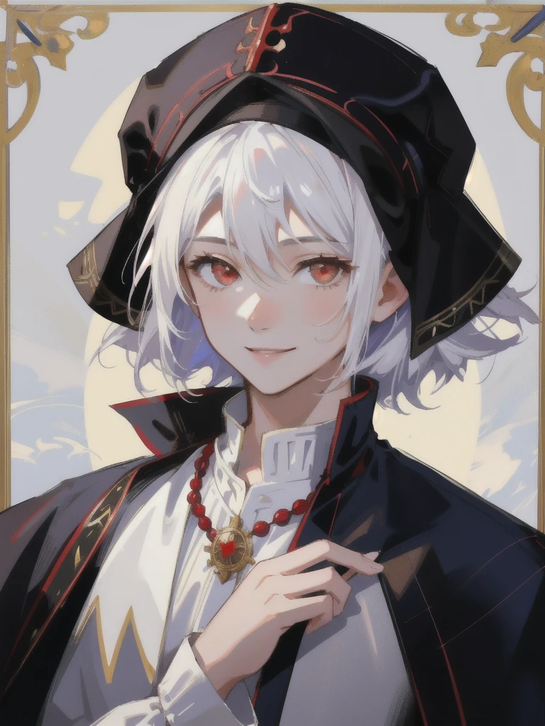 12 years old boy with white hair and red eyes, smile face, young face, only focus on body and face, calm demeanor, hide hands, medival outfit, renaisans era.