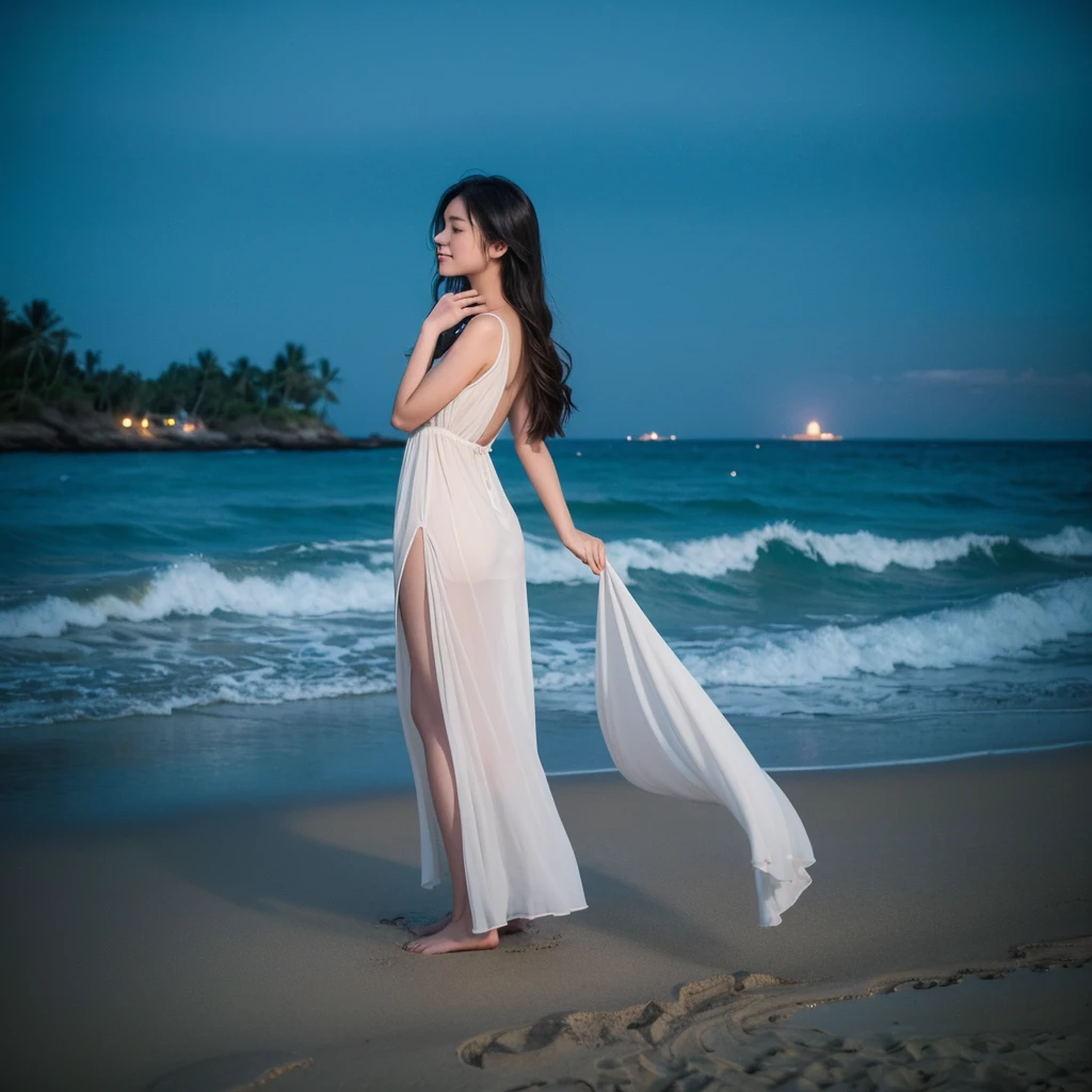 Here's a textual description of a girl on the beach at night in English, aiming to capture the serene and beautiful setting you asked for:
On a tranquil night, a girl stands alone on the beach, gazing out at the vast sea. The moonlight casts a luminous glow over the water, creating a shimmering path that stretches to the horizon. The gentle waves lap at the shore, whispering softly, as if sharing the secrets of the night with the girl.
She wears a flowing white dress that sways with the gentle breeze, her long hair dancing in the wind, reflecting the moonlight and adding to her ethereal beauty. Barefoot on the soft sand, she feels the warmth and tranquility of the earth beneath her feet.
The sky above is sprinkled with stars, like diamonds scattered across the night, adding a touch of mystery and romance to the scene. In the distance, the flickering light of a small boat adorns the quiet sea, adding a sense of depth and wonder. The air is filled with the faint scent of salt, refreshing and invigorating.
In this moment, the girl seems to be at one with nature, her inner peace harmonizing with the serene landscape. She smiles softly, savoring the unique charm of the night, letting her thoughts drift away with the sea breeze, feeling an overwhelming sense of and tranquility.
