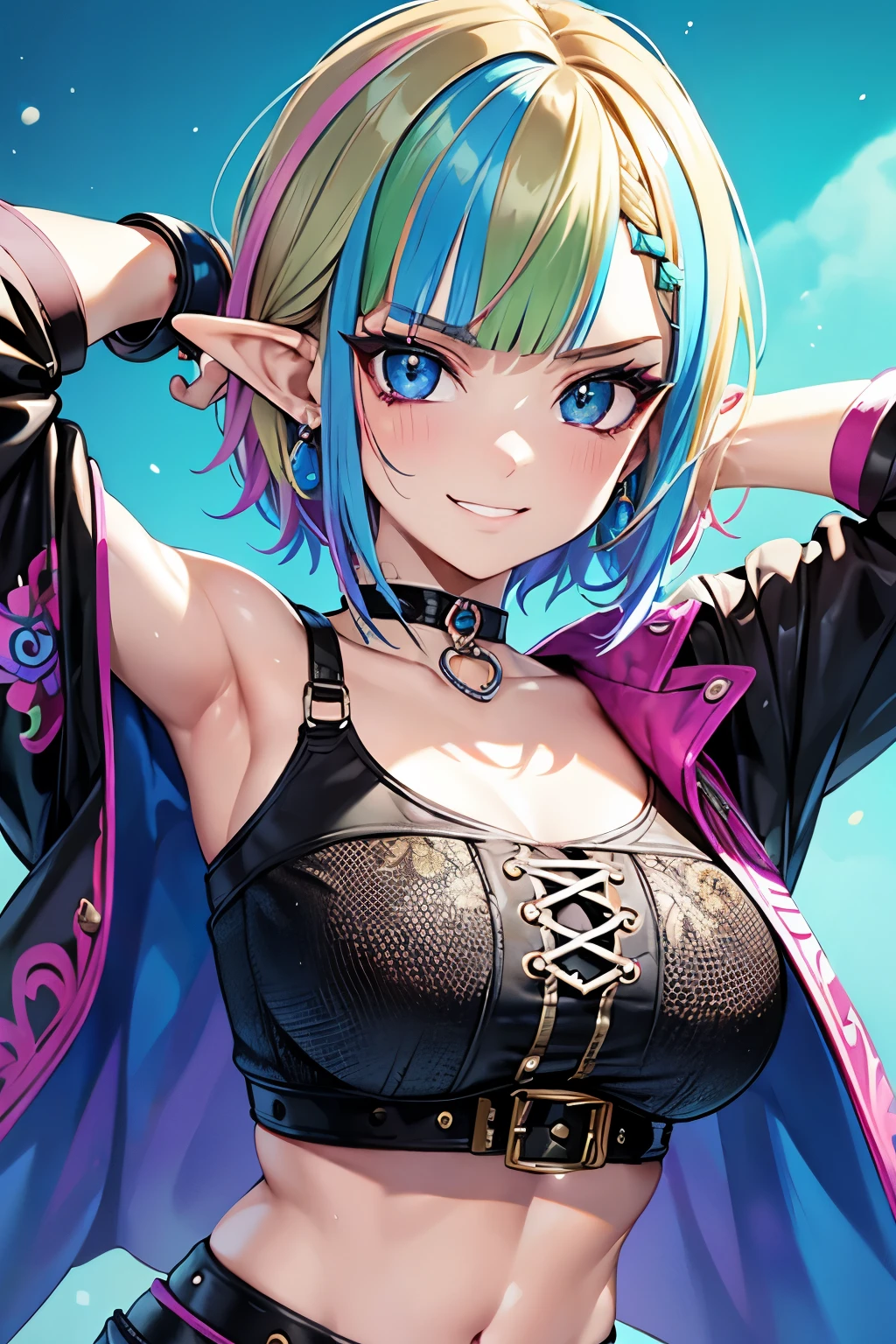 (Punk Zelda), short hair, multicoloured hair, piercing, makeup, crop top, choker, arm straps, (arrogant look), cheeky and bratty behaviour, grinning, (detailed face), (detailed eyes:1.1), masterpiece, best quality, intricate, detailed, sharp, focused, colorful details, iridescent colors, intricate details, dynamic voluminous light, high resolution, enchanted quality.