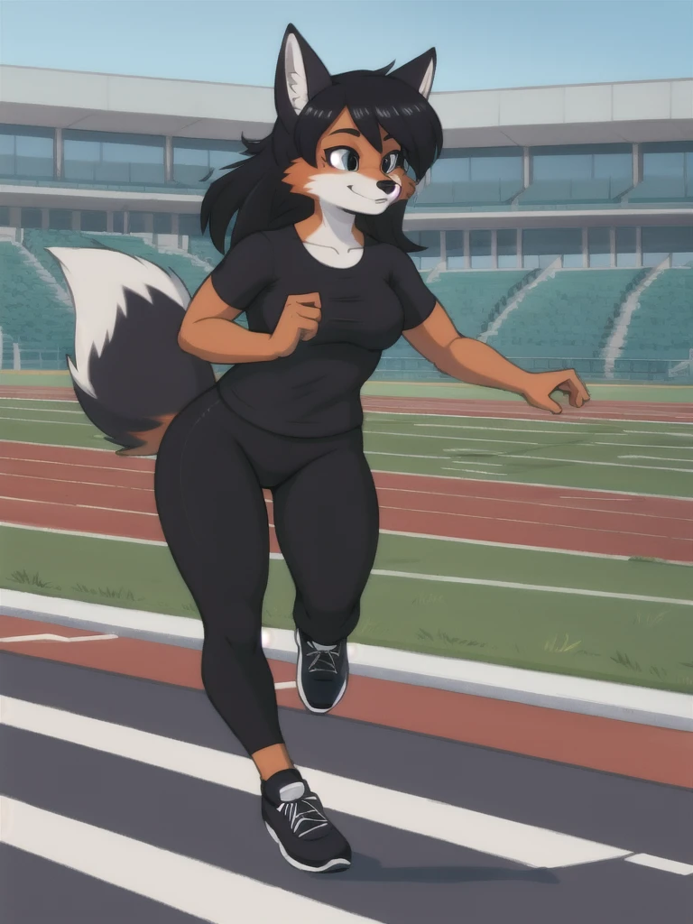 Furry, fox, female, black shirt, black leggings, shoes, running track, solo, full body