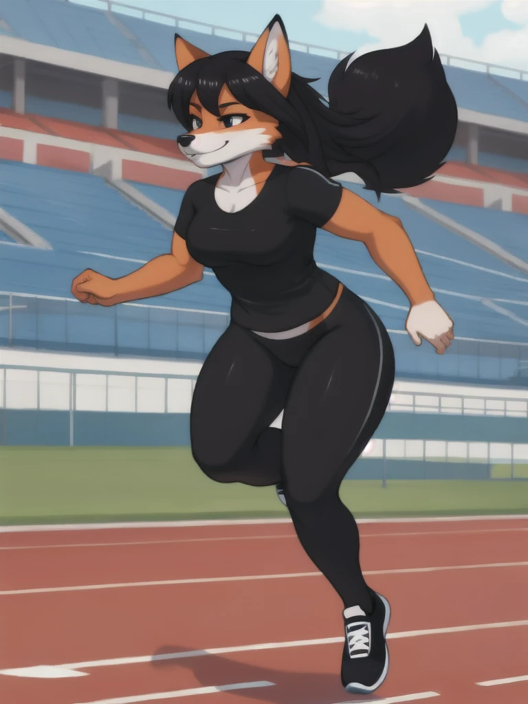 Furry, fox, female, black shirt, black leggings, shoes, running track, solo, full body