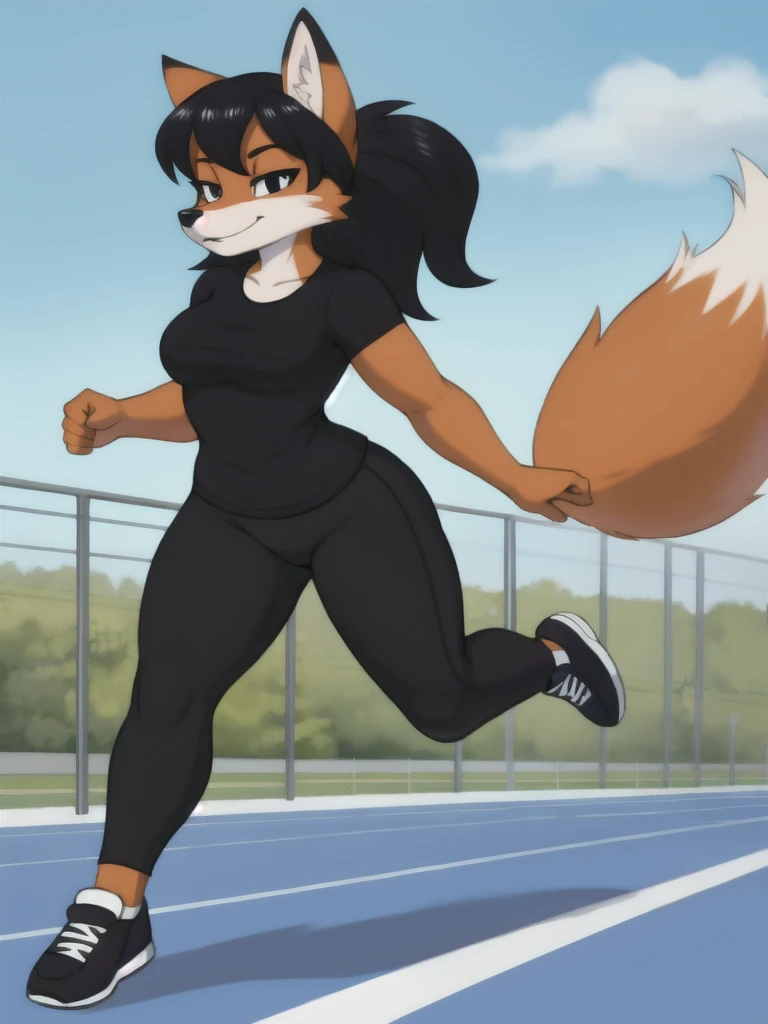 Furry, fox, female, black shirt, black leggings, shoes, running track, solo, full body