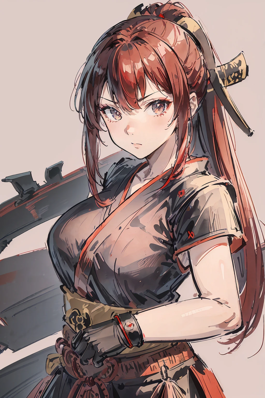 Ninja girl, a red haired , wearing a black ninja armor, long hair, fasion hair, samurai armor, slim body, shirt ornament, hakama, tall 165cm, 22yearold, samurai, katana, female, beautiful, lovely face, 