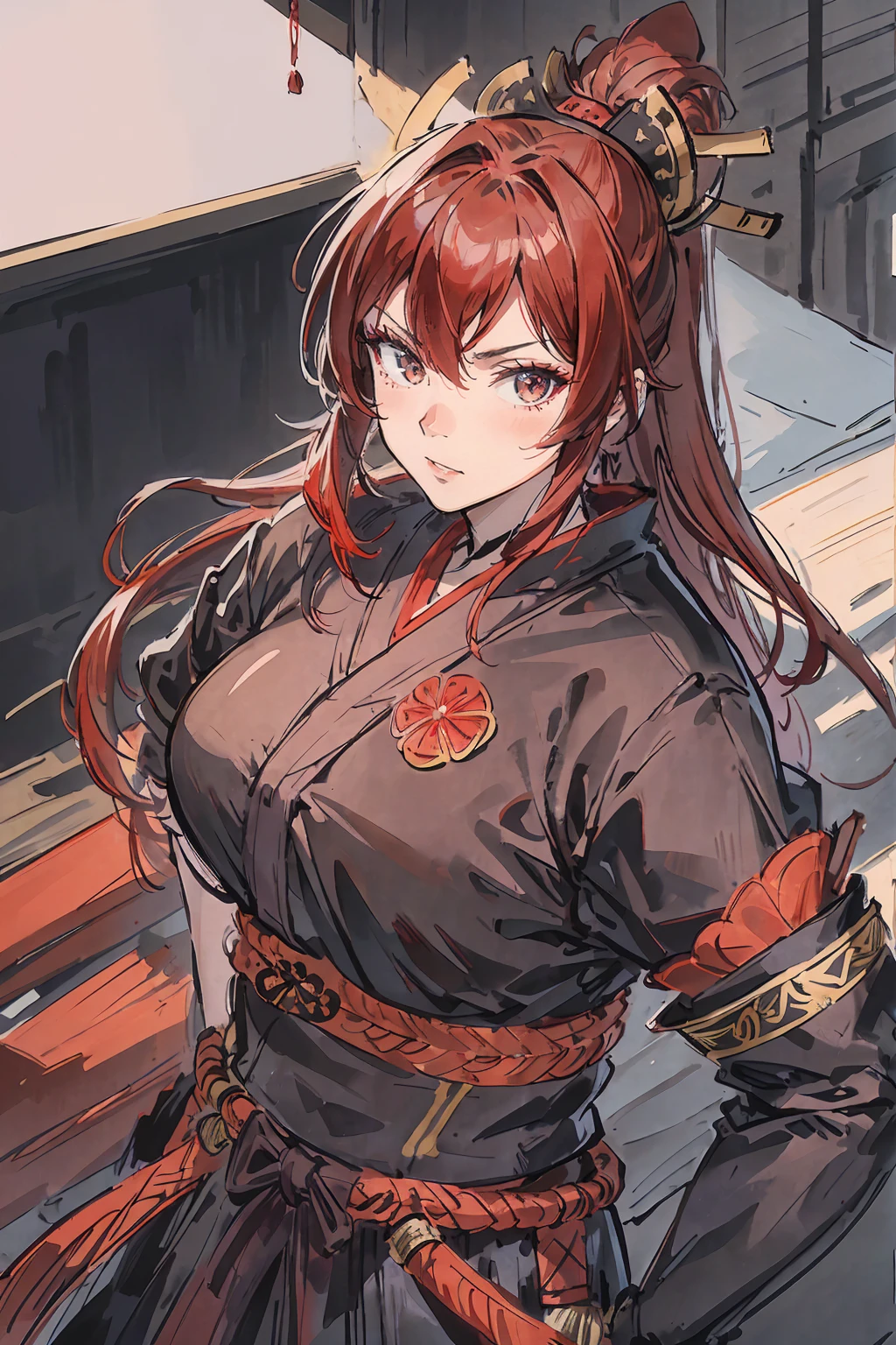 Ninja girl, a red haired , wearing a black ninja armor, long hair, fasion hair, samurai armor, slim body, shirt ornament, hakama, tall 165cm, 22yearold, samurai, katana, female, beautiful, lovely face, 