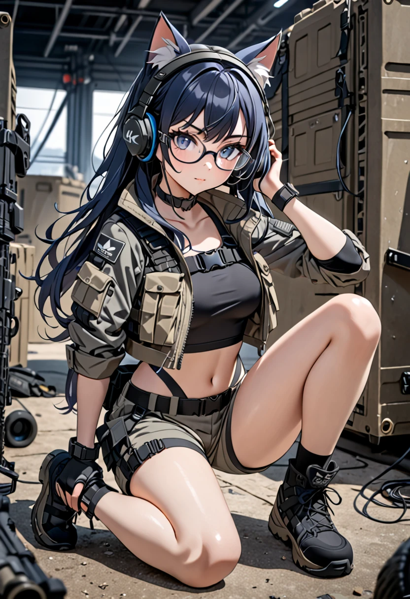 8K Ultra High-Quality, ultra-detailed, High quality, Dark Blue hair, Long hair, Headset, Goggles, cat girl, Grey Tactical clothes, Military clothes, crop top tactical jacket, shorts, black leotard under clothes, kneels and elbow pads, body harness, Looking at viewer, choker, glasses, full body