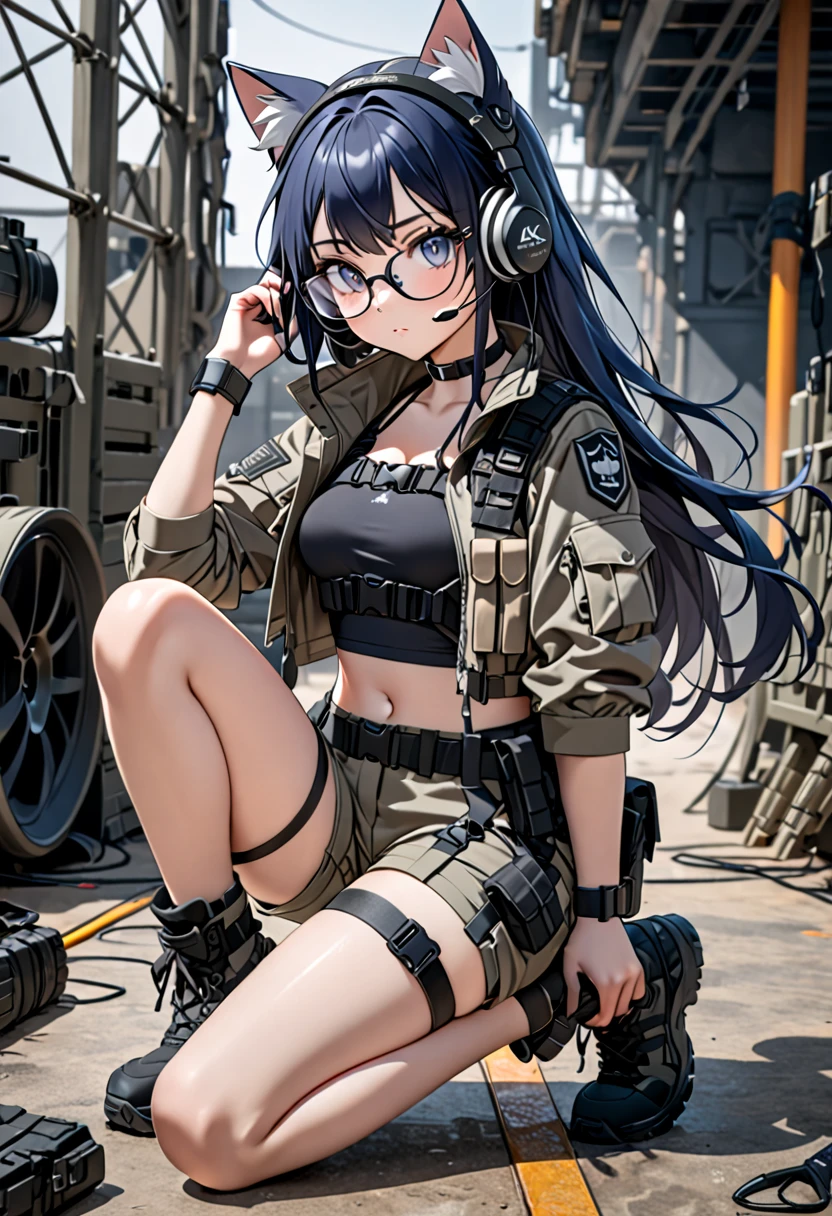 8K Ultra High-Quality, ultra-detailed, High quality, Dark Blue hair, Long hair, Headset, Goggles, cat girl, Grey Tactical clothes, Military clothes, crop top tactical jacket, shorts, black leotard under clothes, kneels and elbow pads, body harness, Looking at viewer, choker, glasses, full body