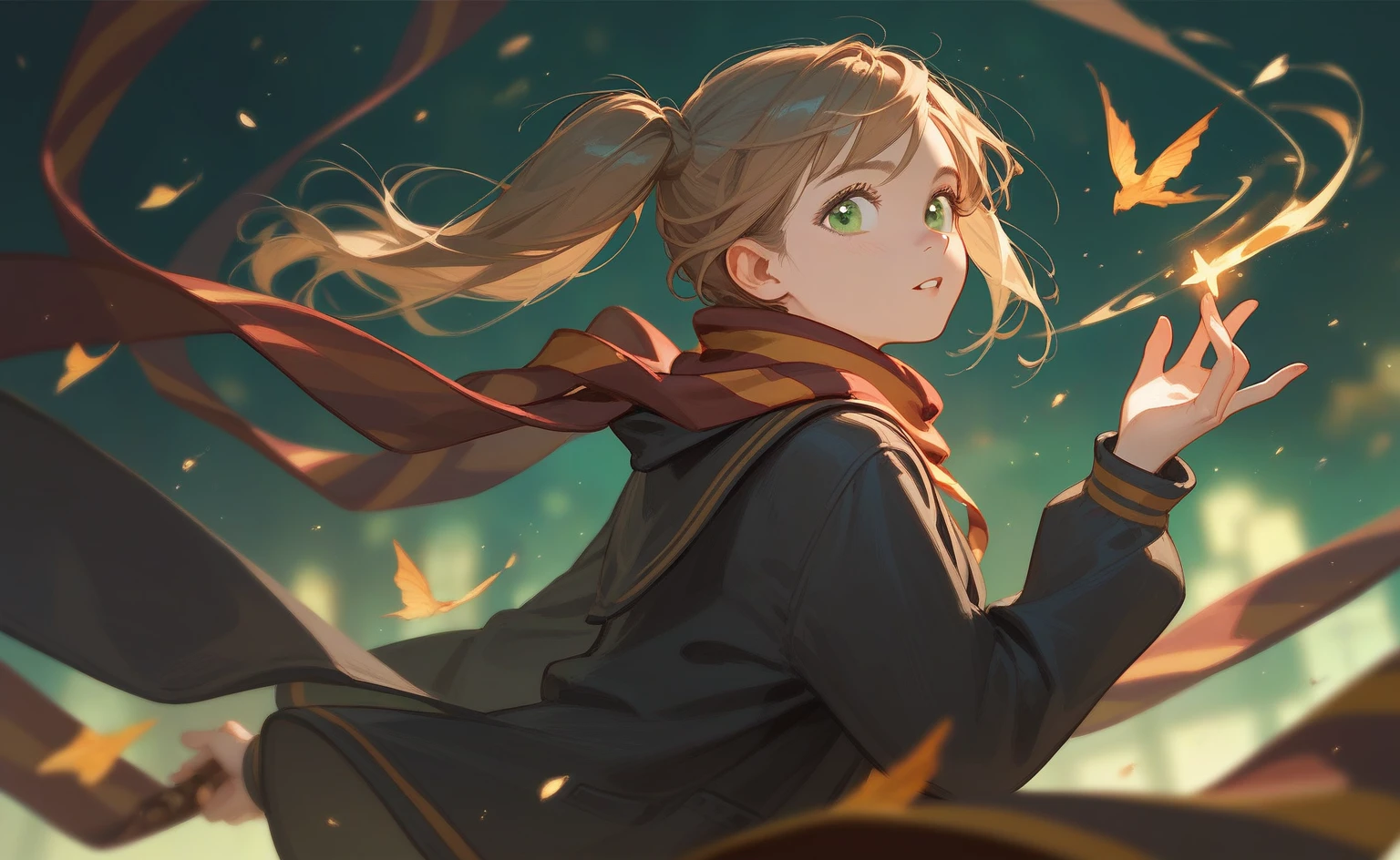1 ，Brown side ponytail，scarf，Green eyes，Harry Potter wizard&#39;s cloak fluttering，Black sailor suit，Night 1.1，Medieval Castle Background，moon，Open floating magic book in hand，Green magic effects