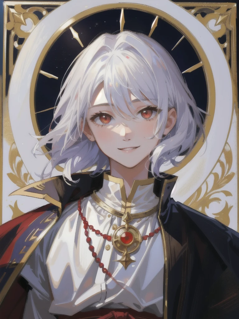 ************ boy with white hair and red eyes, smile face, young face, only focus on body and face, calm demeanor, hide hands, medival outfit, renaisans era.