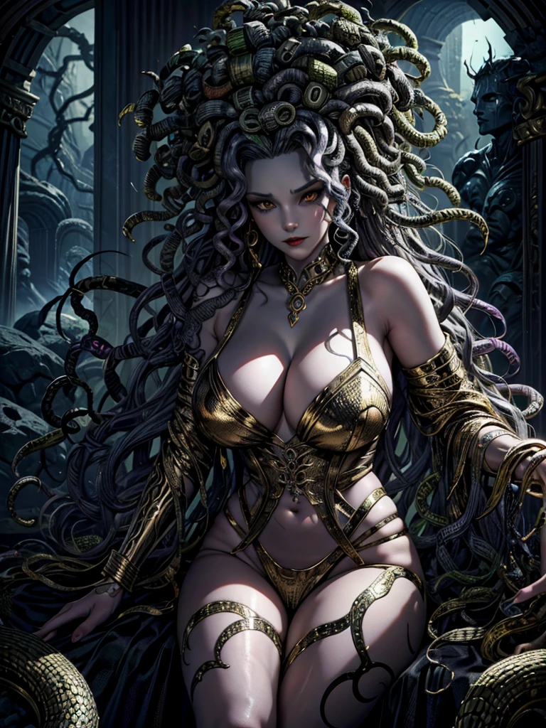 Medusa a woman with snake dreads In Greek mythology, Medusa, also called Gorgo, a human female with living venomous snakes in place of hair, dark, moody, dark fantasy style