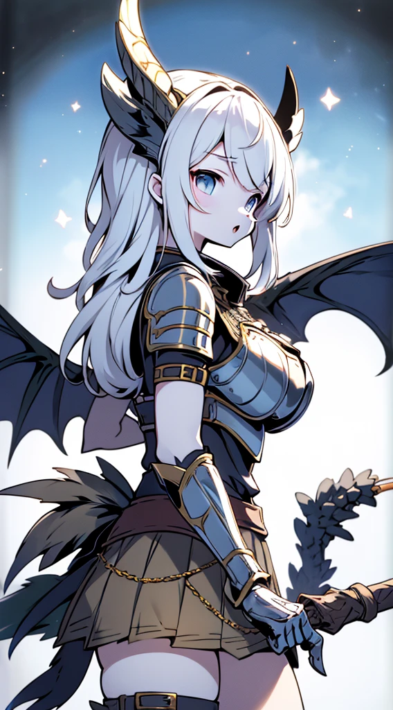 knight，Dragon Girl，Anthropomorphic Dragon，Dragon Horn，knightarmor，Plate，Breastplate，Wristband，Arm Guard，Metal armor，armor，wing，巨龙wing，巨龙knight女孩，Big breasts，Pale，silver white，White hair，White scales，Dragon Claw，butt，大butt，Big breasts，Big breasts，armor，knight长枪，Holding a spear，knight长矛，手持knight长矛长矛，Huge spear，Fantasy style，Fantasy style，Skirt Armor，Skirt，Dragon Tail，巨Dragon Tail，Fleshy tail，Chubby tail