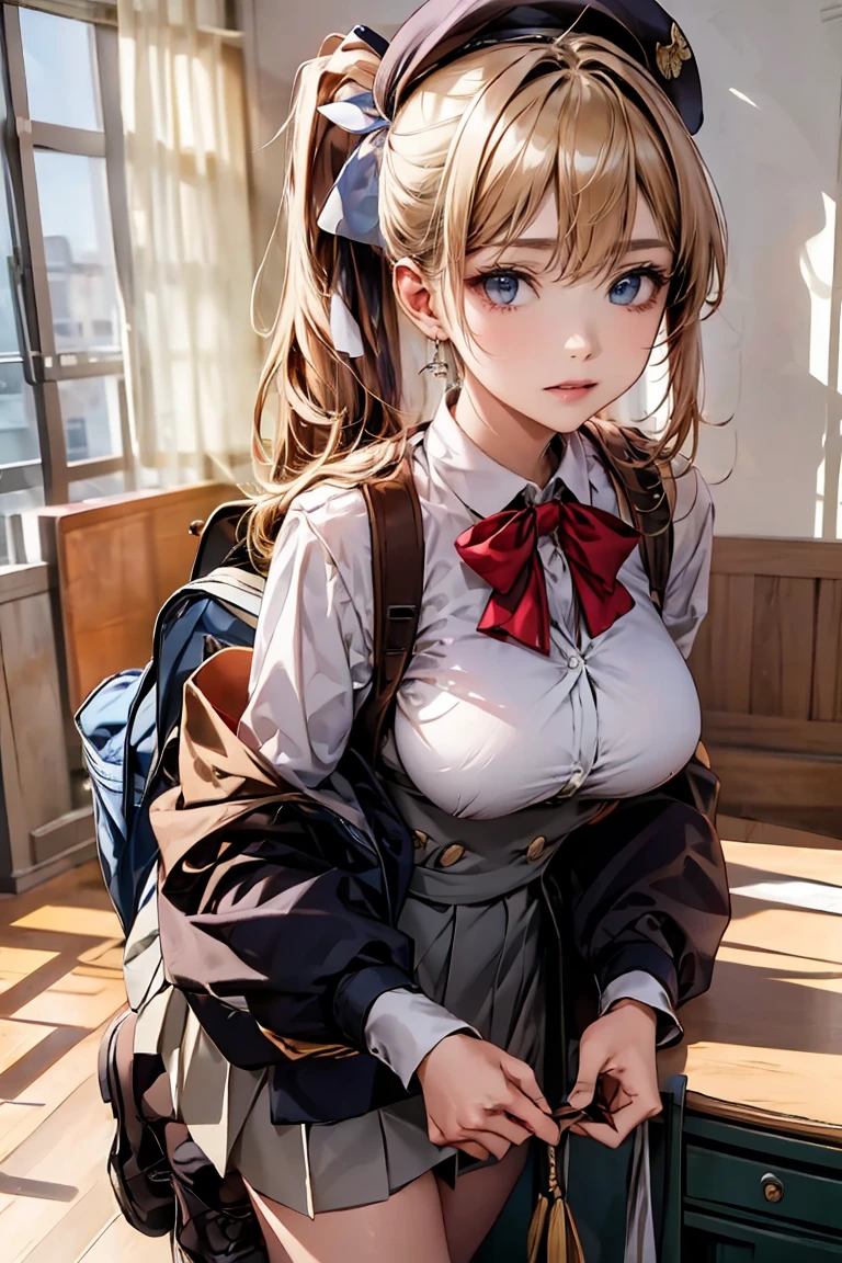 (masterpiece), ((Highest quality)), (masterpiece,Highest quality,Official Art,Highly detailed CG Unity 8K wallpapers)、Beautiful Japanese Woman、Detailed face、Smooth Skin、Big Breasts、((Side Ponytail:1.6、Blonde))、"High school girl in a futuristic uniform。Wearing a monochrome tight-fitting blazer、Metallic buttons and school crest on left chest。Below is the、He is wearing a clean white shirt with hidden buttons.、The collar and cuffs have thin lines。The skirt is a knee-length A-line skirt.、Does it have the same simple stripes as the blazer?、You may be wearing tight-fitting straight pants of the same pattern.。Shoes must be black or dark grey sneakers、Includes silver accents。As an accessory、A tie or ribbon in school colors、Lightweight and multifunctional backpack with reflectors、We also have caps and berets that can be used during extracurricular activities.。The material of the uniform is temperature regulating、Antifouling、Has antibacterial properties。"