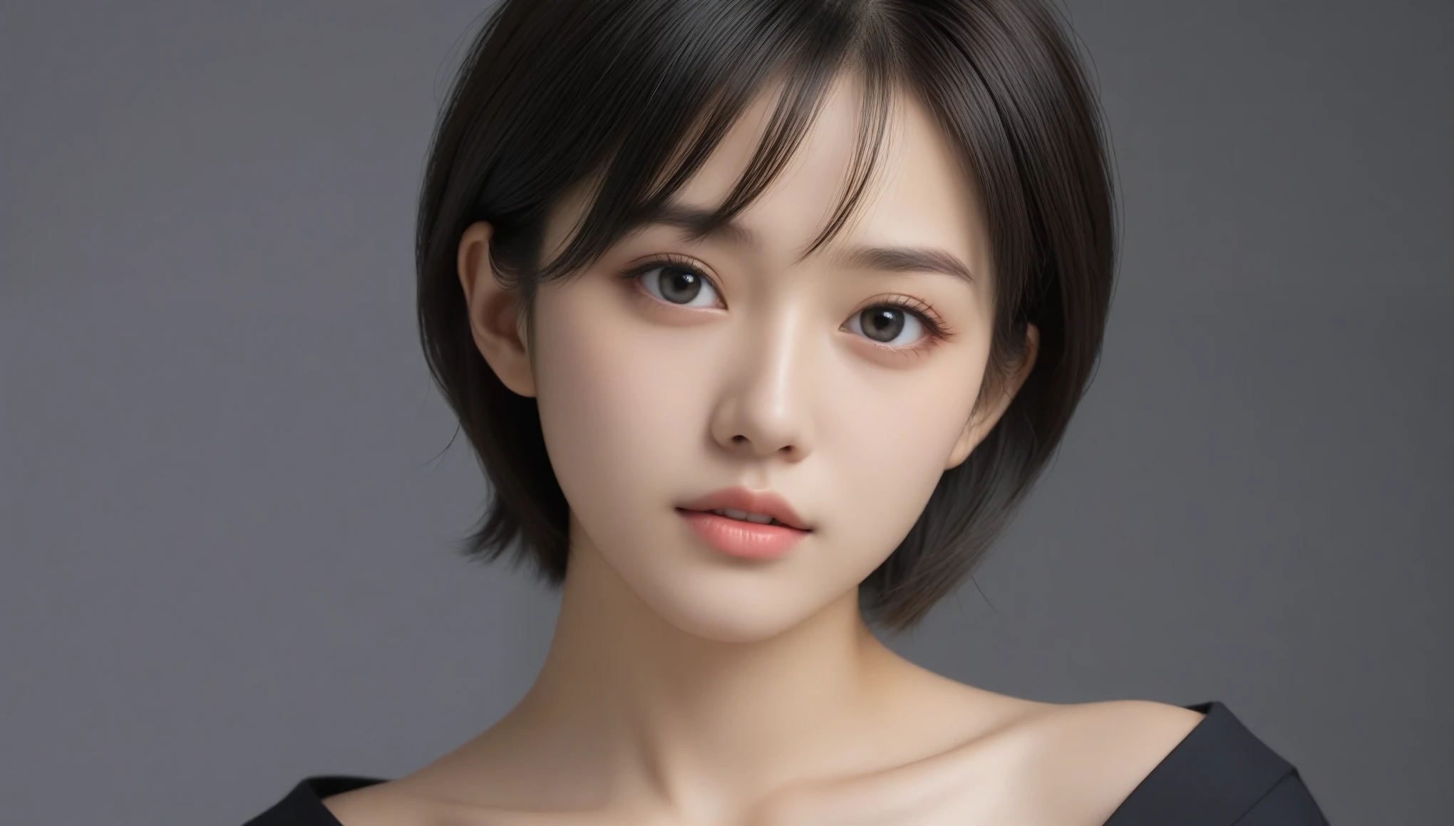 8k, Ultra-high resolution, Highest quality, masterpiece, 三分割法によるphotograph,Surreal, photograph, 1 Girl, (16 years old:1.3), pretty girl, Cute Face, Beautiful eyes in every detail, 細かくdetailedに,masterpiece,One Girl:1.2, Japan Female Announcer,upper body,from below,sad,streaming tears,Black short hair,Messy hair,(black suit:1.3),mourning clothes,(印象派の美しい少女のPortraiture), (Gray background:1.3),(Impressionist light and colour),Realistic Skin, Perfect and beautiful face ,完璧でCute Face, Skin with attention to detail, Perfect limbs、Narrow waist,Looking at the audience、beauty,Long neck,clavicle,(((Ideal body type))),A cup small breasts :2,Portraiture:2,Perfect Anatomy,鮮明なdetailed,detailed,Surreal,Light and shadow,spotlight