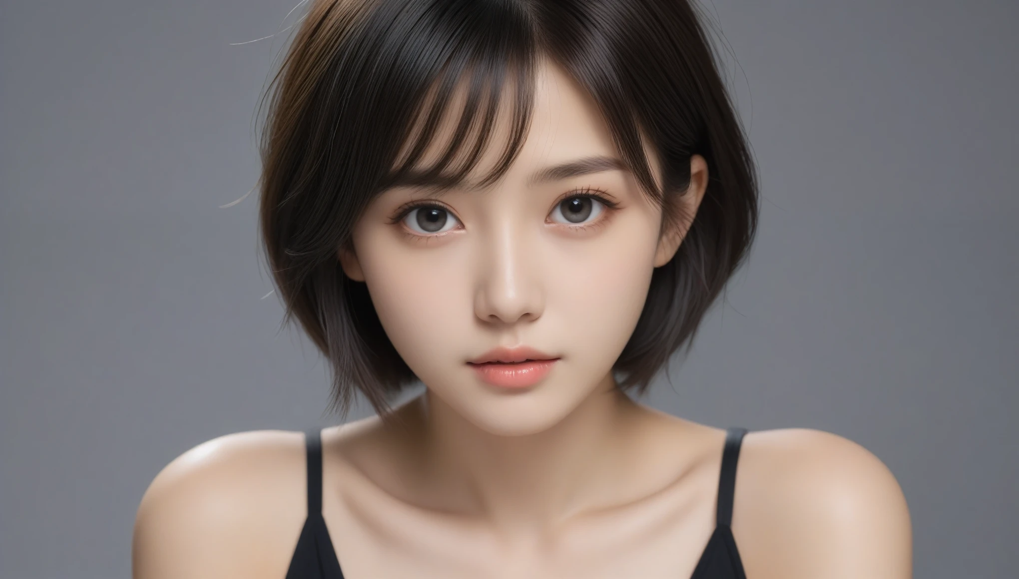 8k, Ultra-high resolution, Highest quality, masterpiece, 三分割法によるphotograph,Surreal, photograph, 1 Girl, (16 years old:1.3), pretty girl, Cute Face, Beautiful eyes in every detail, 細かくdetailedに,masterpiece,One Girl:1.2, Japan Female Announcer,upper body,from below,sad,streaming tears,Black short hair,Messy hair,(black suit:1.3),mourning clothes,(印象派の美しい少女のPortraiture), (Gray background:1.3),(Impressionist light and colour),Realistic Skin, Perfect and beautiful face ,完璧でCute Face, Skin with attention to detail, Perfect limbs、Narrow waist,Looking at the audience、beauty,Long neck,clavicle,(((Ideal body type))),A cup small breasts :2,Portraiture:2,Perfect Anatomy,鮮明なdetailed,detailed,Surreal,Light and shadow,spotlight