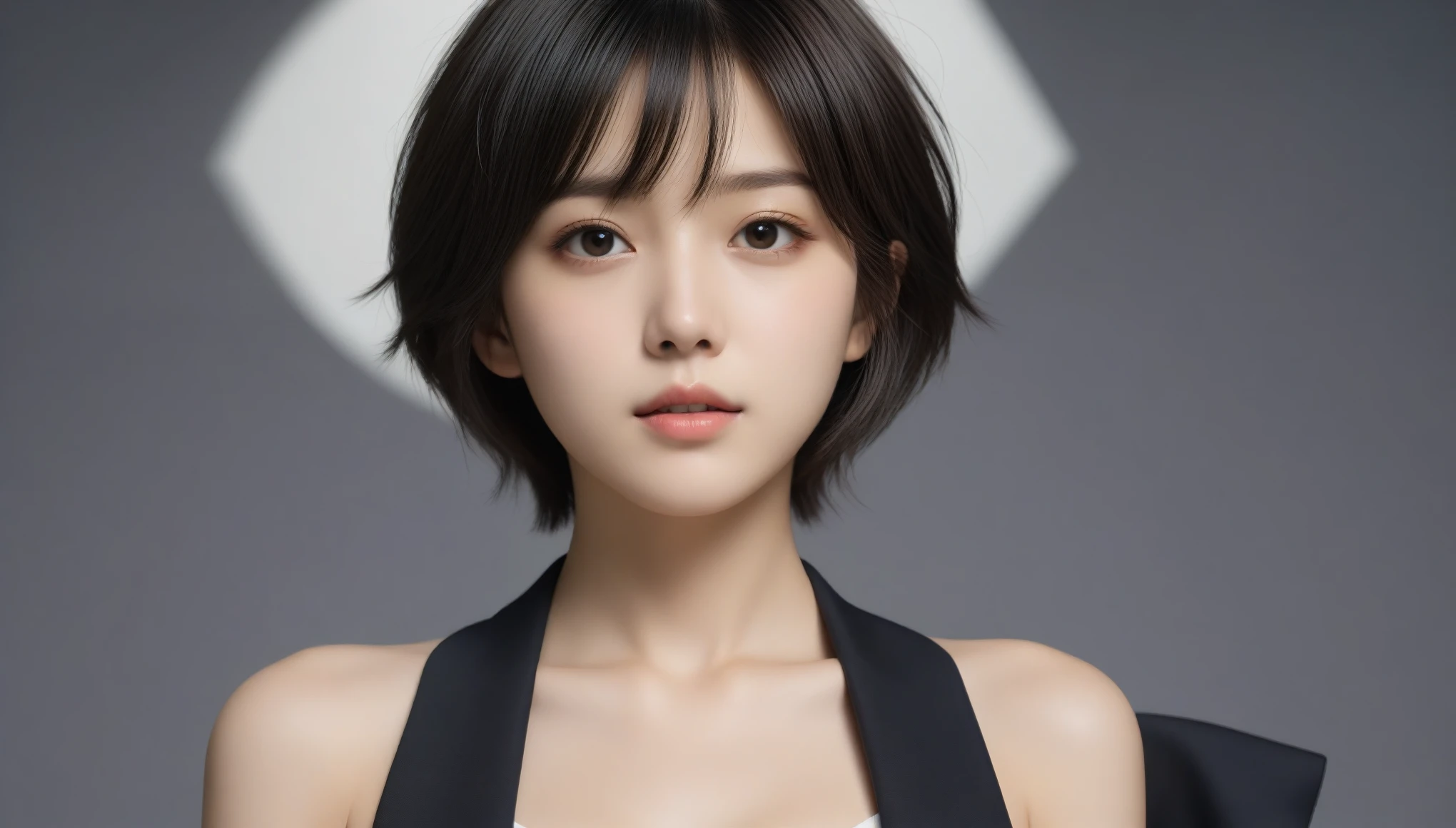 8k, Ultra-high resolution, Highest quality, masterpiece, 三分割法によるphotograph,Surreal, photograph, 1 Girl, (16 years old:1.3), pretty girl, Cute Face, Beautiful eyes in every detail, 細かくdetailedに,masterpiece,One Girl:1.2, Japan Female Announcer,upper body,from below,sad,streaming tears,Black short hair,Messy hair,(black suit:1.3),mourning clothes,(印象派の美しい少女のPortraiture), (Gray background:1.3),(Impressionist light and colour),Realistic Skin, Perfect and beautiful face ,完璧でCute Face, Skin with attention to detail, Perfect limbs、Narrow waist,Looking at the audience、beauty,Long neck,clavicle,(((Ideal body type))),A cup small breasts :2,Portraiture:2,Perfect Anatomy,鮮明なdetailed,detailed,Surreal,Light and shadow,spotlight