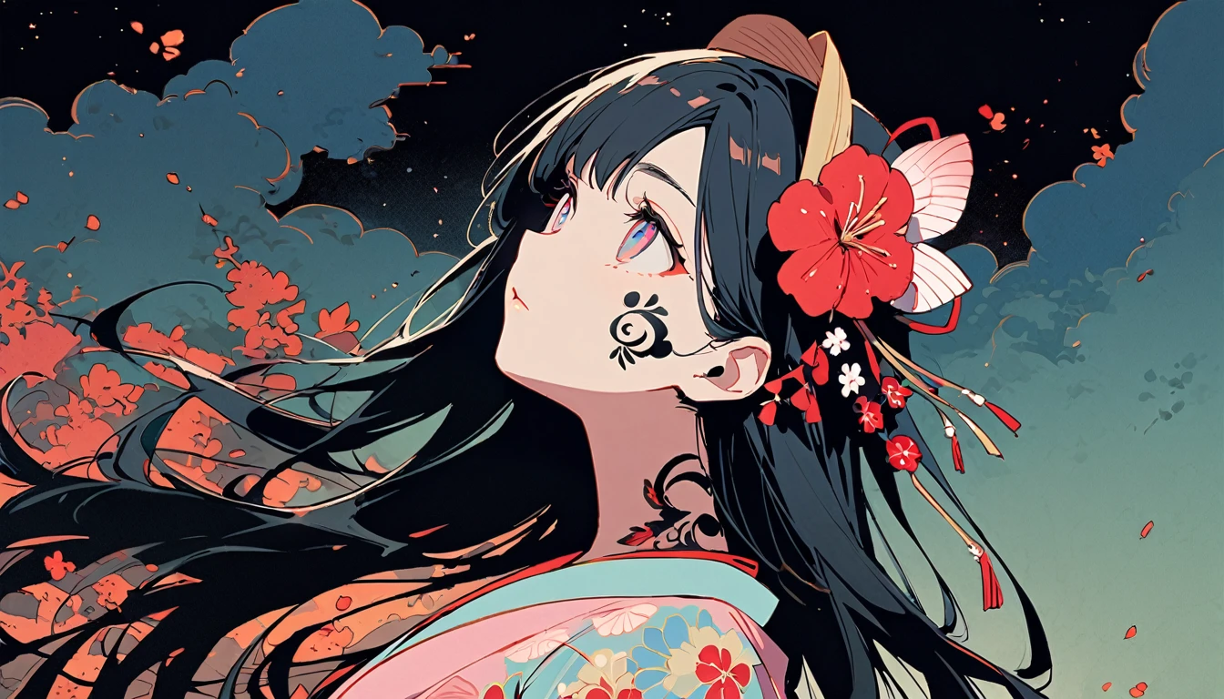 Ink Painting, (((1 girl))), (((Tattoo on face))), (((Gorgeous hair accessories))), Japanese style headphones, Open your arms, Look up to the sky, Japanese, Beautiful woman in kimono, Black Hair, pastel color, Modern ukiyo-e style