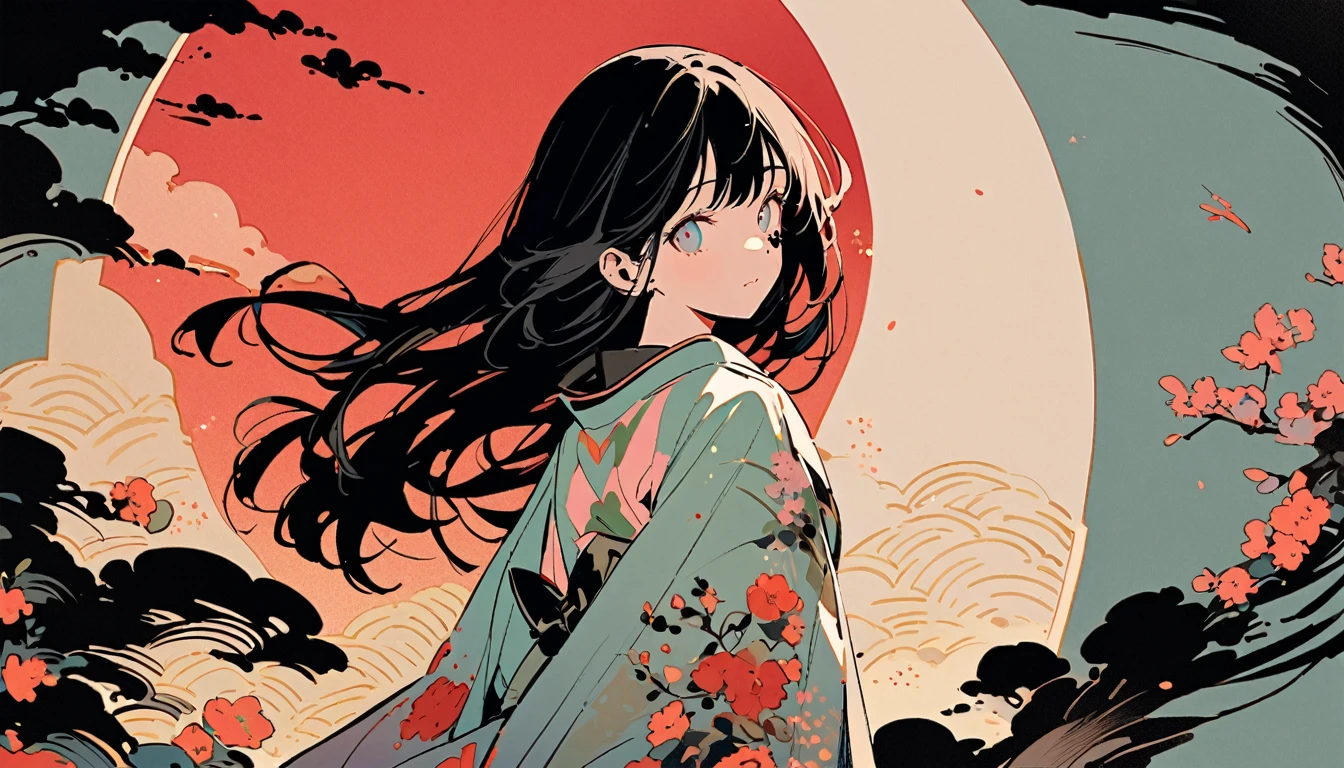 Ink Painting, (((1 girl))), (((Tattoo on face))), (((Gorgeous hair accessories))), Japanese style headphones, Open your arms, Look up to the sky, Japanese, Beautiful woman in kimono, Black Hair, pastel color, Modern ukiyo-e style