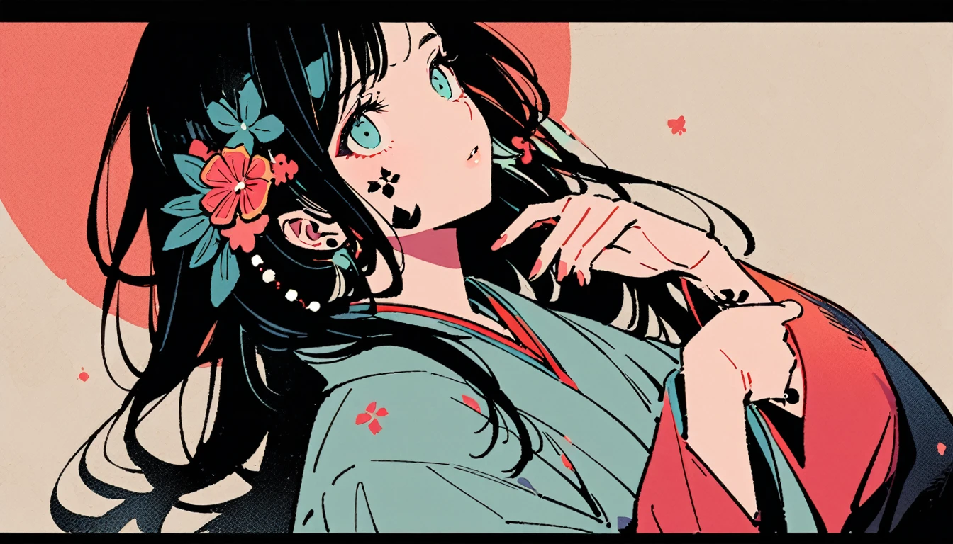 Ink Painting, (((1 girl))), (((Tattoo on face))), (((Gorgeous hair accessories))), Japanese style headphones, Open your arms, Look up to the sky, Japanese, Beautiful woman in kimono, Black Hair, pastel color, Modern ukiyo-e style