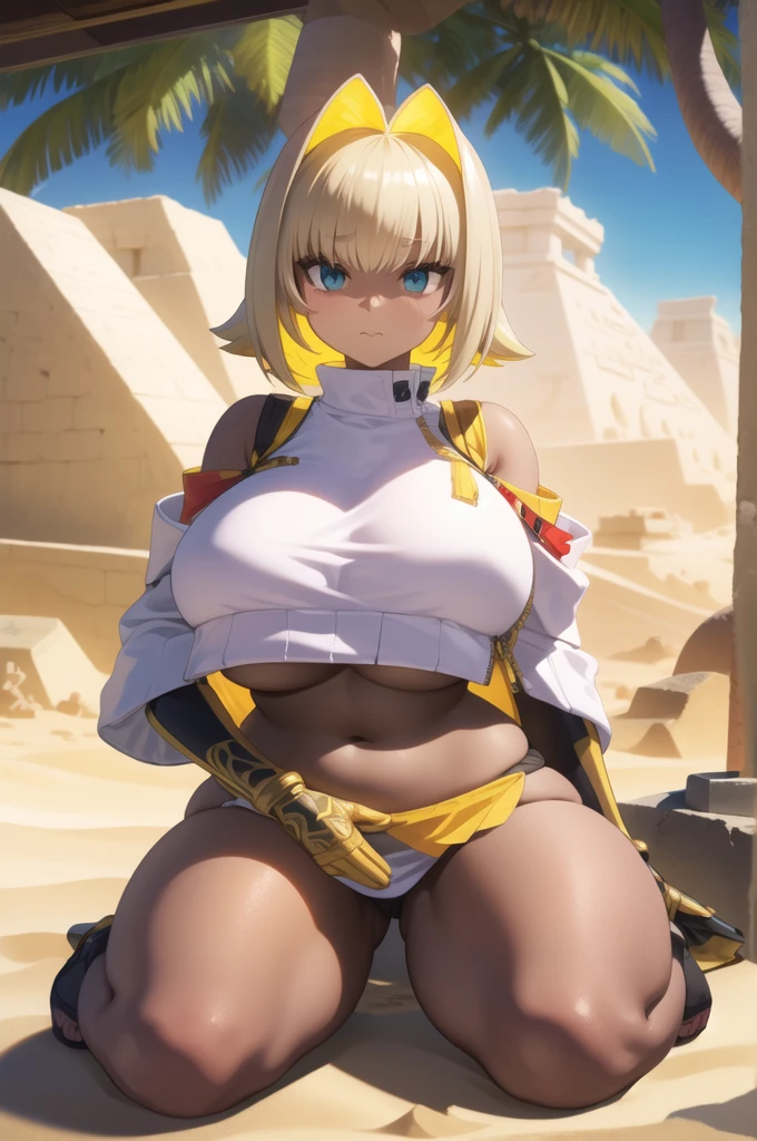 masterpiece, Best Quality, ultra detailed, animated style, in an oasis in the desert, a mature woman inspired by a sphinx with feline features sits majestically among sand dunes. Hieroglyphs adorn ancient ruins as a warm breeze carries whispers of mystery across the arid landscape. With an attractive and curvy body