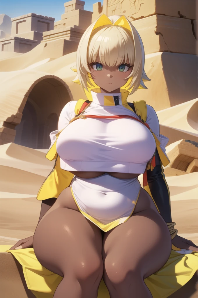 masterpiece, Best Quality, ultra detailed, animated style, in an oasis in the desert, a mature woman inspired by a sphinx with feline features sits majestically among sand dunes. Hieroglyphs adorn ancient ruins as a warm breeze carries whispers of mystery across the arid landscape. With an attractive and curvy body