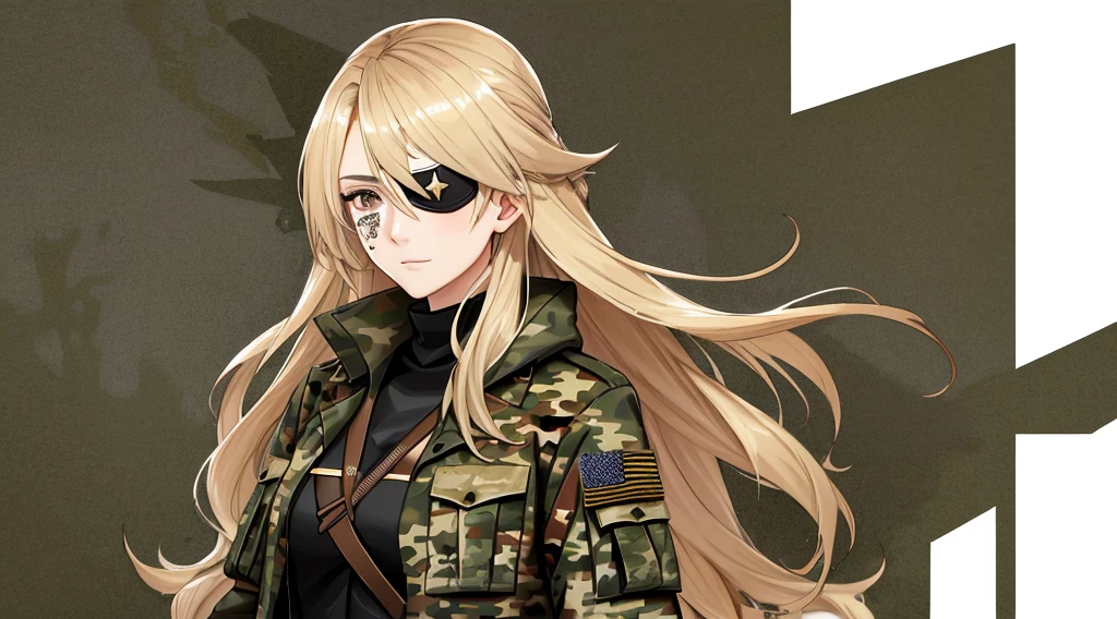 a woman with long blonde hair, brown eyes and a triangular black eye patch over her right eye and is wearing camouflage military clothing