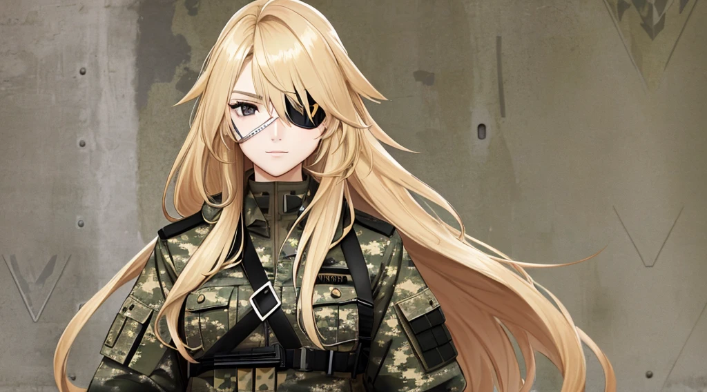 a woman with long blonde hair, brown eyes and a triangular black eye patch over her right eye and is wearing camouflage military clothing