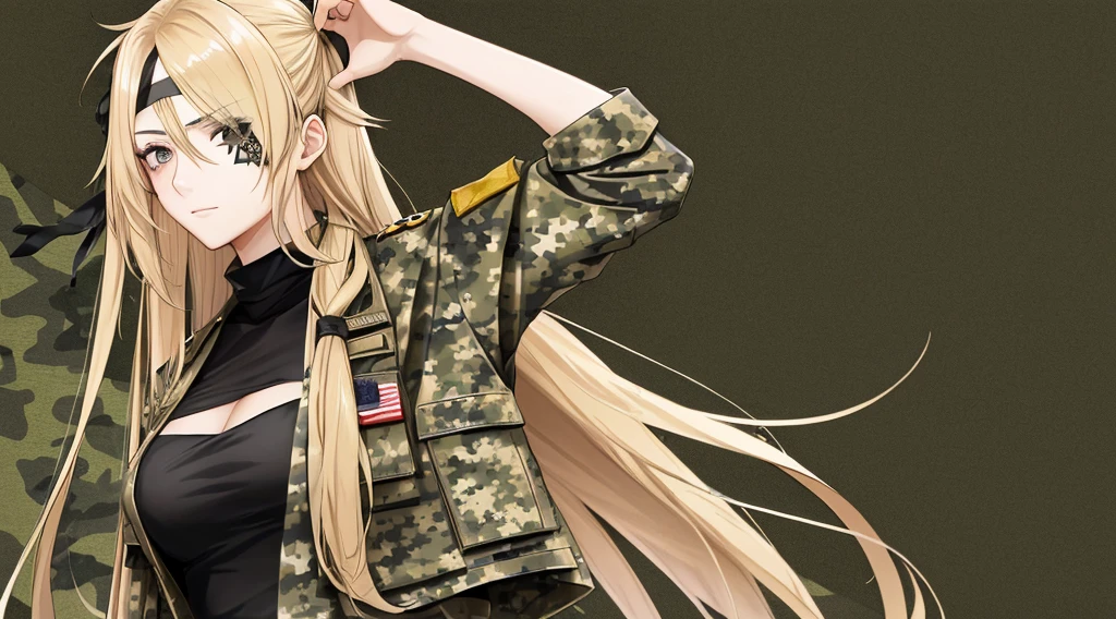 a woman with long blonde hair, brown eyes and a triangular black eye patch over her right eye and is wearing camouflage military clothing