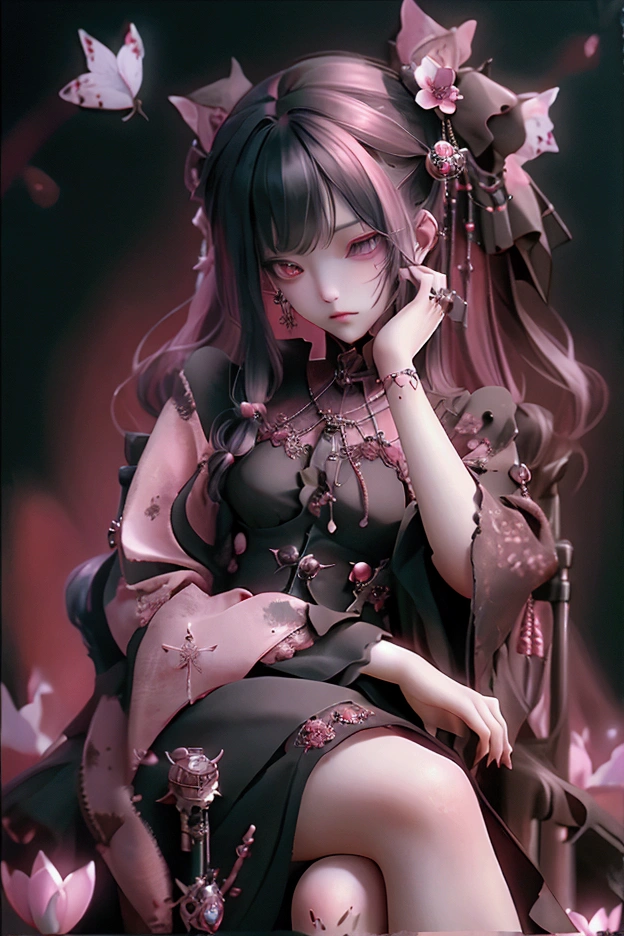 woman、Wide angle,front,whole body,Throne,Luxurious chair,Sit on a chair,Crossing your legs,Game character costumes,novel,Gothic Lolita,dress,image color: Black and Pink,lanthanum, cherry blossoms, petals in the wind, Calm, mysterious, high quality, Dark look,Detailed eye design,
