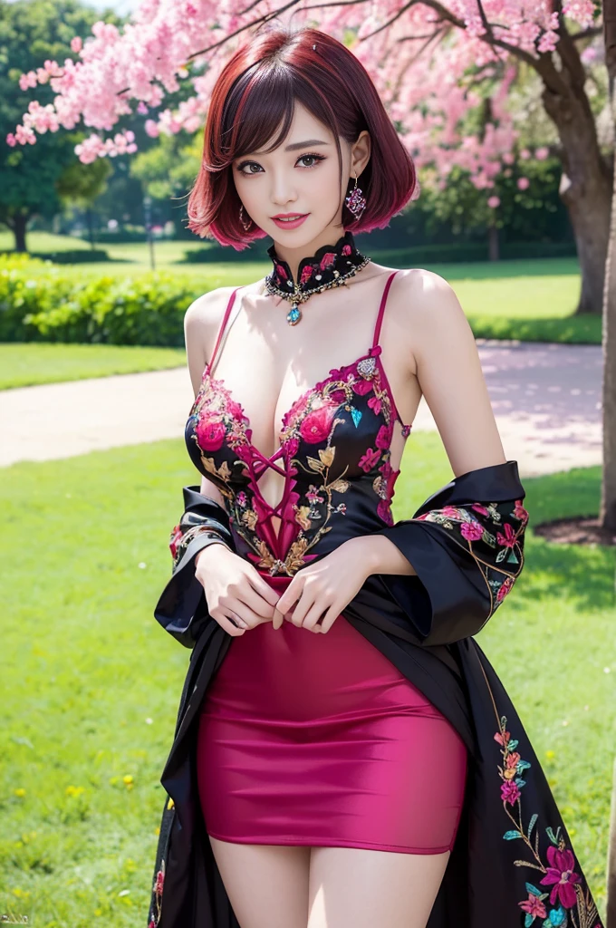 (masterpiece:1.4), (best quality:1.4), ultra high res, ultra high resolution, ((detailed facial features)), HDR, (realistic, photorealistic, photo-realistic:1.37), full body Esbian, sexy Vietnamese model, (-anime), vivid colors, ((vivid colors multicolor (red, fuchsia) very short hair)), (happy smile), lip-gloss, long lashes, ultra detailed metallic makeup, defined eyebrows, wearing large sparkling colorful jewelery, wearing a red silk Paradise Kiss cosplay dress with black floral embroidery, ((vivid colors outfit)), vivid colors, look at the camera, cinematic light, large park background with trees, sweet and sexy pose