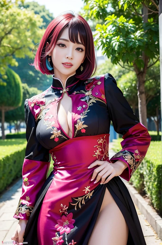 (masterpiece:1.4), (best quality:1.4), ultra high res, ultra high resolution, ((detailed facial features)), HDR, (realistic, photorealistic, photo-realistic:1.37), full body Esbian, sexy Vietnamese model, (-anime), vivid colors, ((vivid colors multicolor (red, fuchsia) very short hair)), (happy smile), lip-gloss, long lashes, ultra detailed metallic makeup, defined eyebrows, wearing large sparkling colorful jewelery, wearing a red silk Paradise Kiss cosplay dress with black floral embroidery, ((vivid colors outfit)), vivid colors, look at the camera, cinematic light, large park background with trees, sweet and sexy pose