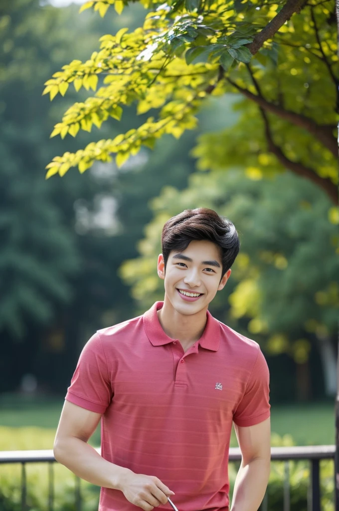 Korean man, Inspiration from Peng Yuyan, 23 years old, Korean muscular man ,The studio is in the back, a tight polo shirt., open mouth smile