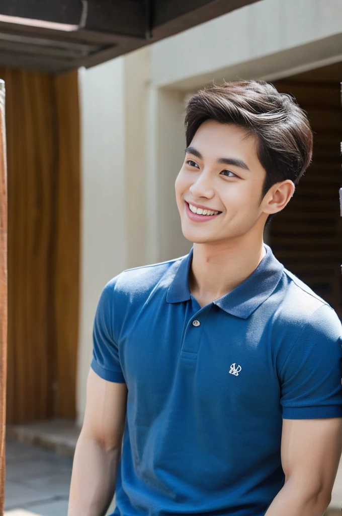 Korean man, Inspiration from Peng Yuyan, 23 years old, Korean muscular man ，The studio is in the back, a tight polo shirt., open mouth smile