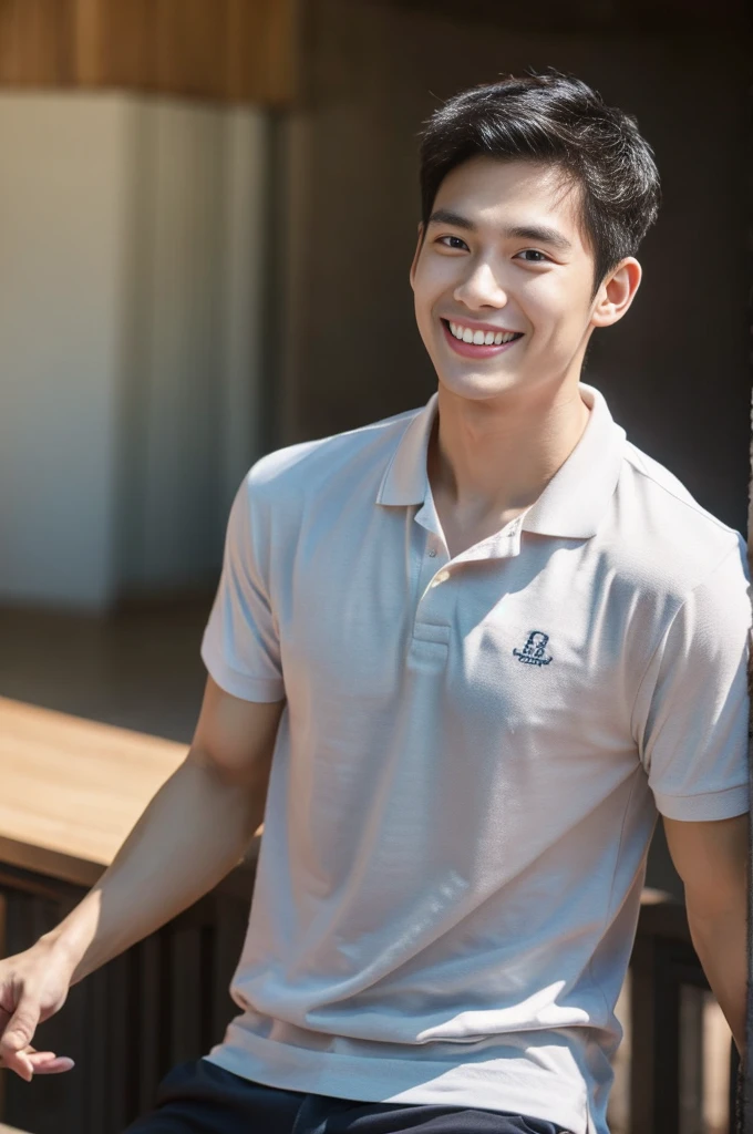 Korean man, Inspiration from Peng Yuyan, 23 years old, Korean muscular man ,The studio is in the back, a tight polo shirt., open mouth smile