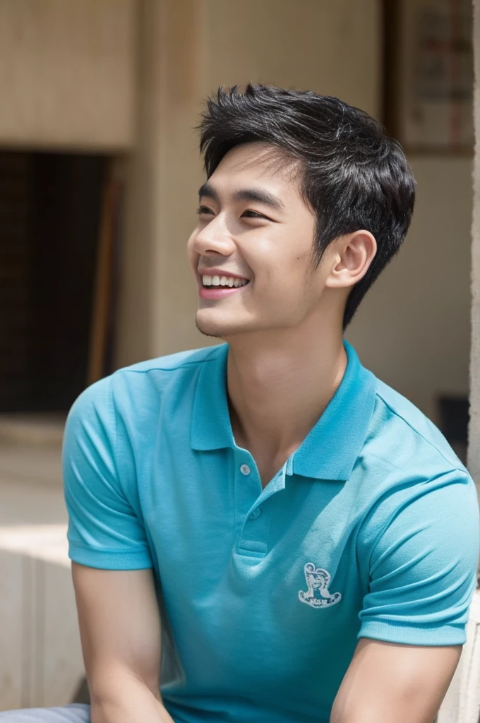 Korean man, Inspiration from Peng Yuyan, 23 years old, Korean muscular man ，The studio is in the back, a tight polo shirt., open mouth smile