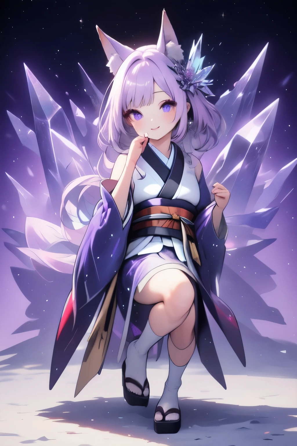 ((best quality)), ((masterpiece)), (detailed), detailed eyes, detailed hands, full-length standing body image, female humanoid kitsune, wearing a knee-length kimono, crystal crown on top of her head, long light purple hair, light purple fox ears, two fox tails, delicate and beautiful detailing, beautiful face, well-proportioned detailed purple eyes, round detailed purple eyes and makeup, beautiful detailed and clear purple eyes, volume smooth and sharp, long flat bangs, fictional art, best photos, best quality, standing, very beautiful and meticulous, delicate, mouth closed smile, not fully smiling, starry background 