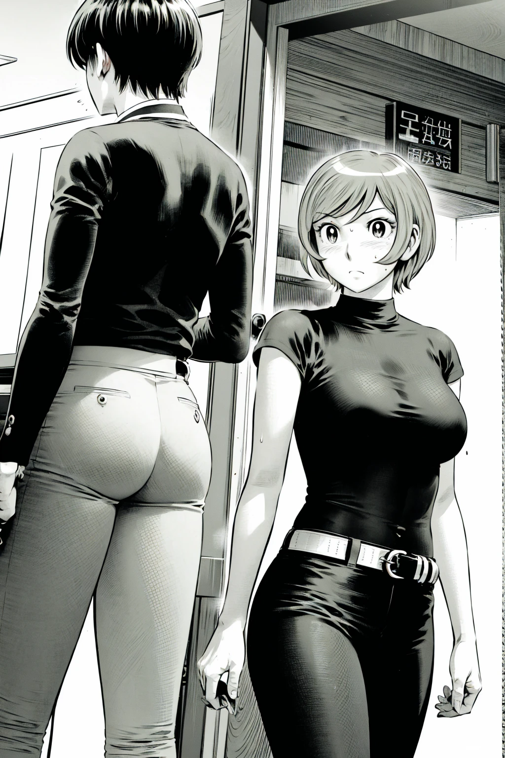 、(masterpiece、Highest quality)、Highest quality, Ultra-high resolution, (((masterpiece))), alone, Sweat、Big eyes,Tight black shirt、Tight white pants、belt、indoor、Composition from the front、(Cut the back hair short、short hair、blonde、woman)、Shortcuts、Embarrassed face、Cut your hair short、可愛いwomanの子、Big Breasts、office