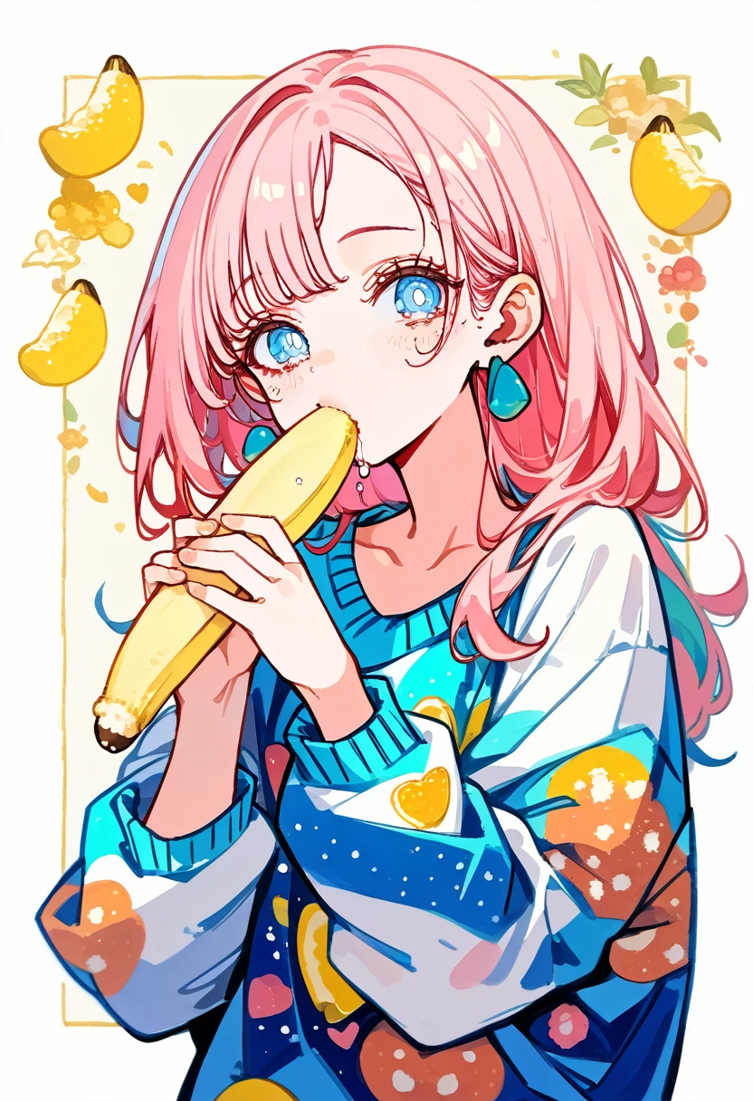 (masterpiece, best quality: 1.2),Barbie doll,，colloid， Sexy eyes，Expression of kiss，Wet pink and white sexy lips， colloid皮肤，full image，earrings（（Watercolor pattern sweater））eating banana，full-body shot