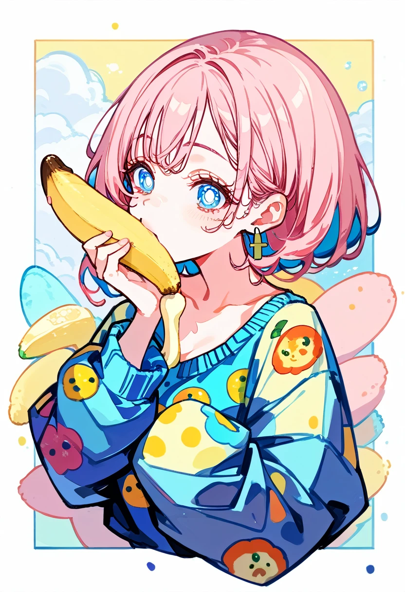 (masterpiece, best quality: 1.2),Barbie doll,，colloid， Sexy eyes，Expression of kiss，Wet pink and white sexy lips， colloid皮肤，full image，earrings（（Watercolor pattern sweater））eating banana，full-body shot