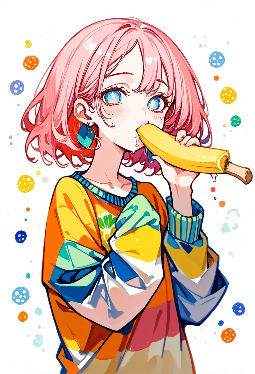 (masterpiece, best quality: 1.2),Barbie doll,，colloid， Sexy eyes，Expression of kiss，Wet pink and white sexy lips， colloid皮肤，full image，earrings（（Watercolor pattern sweater））eating banana，full-body shot