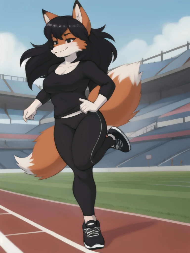 Furry, fox, female, black shirt, black leggings, shoes, running track, solo, full body