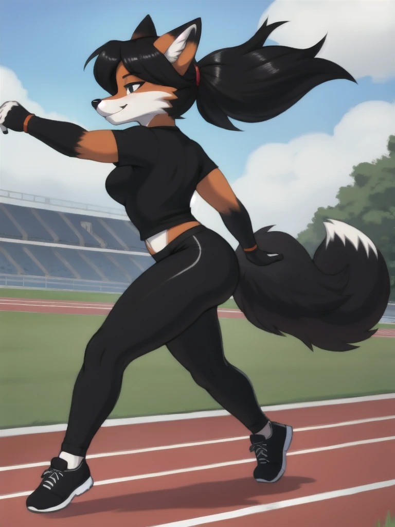 Furry, fox, female, black shirt, black leggings, shoes, running track, solo, full body