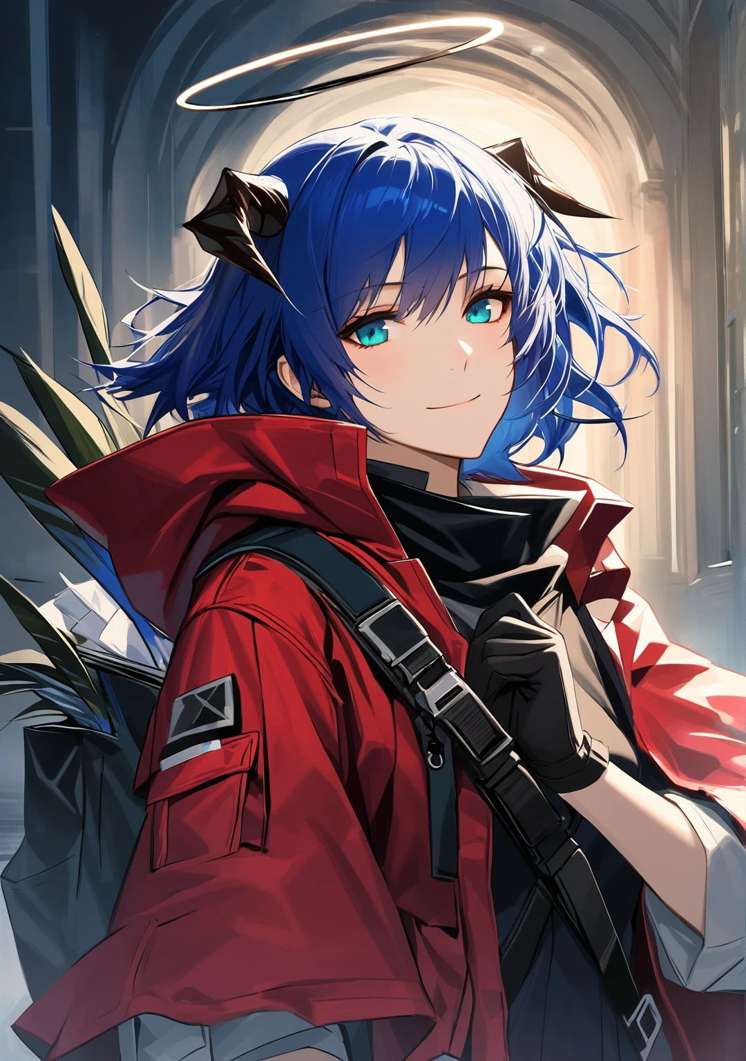 (woman), ((Mostima from arknights)), masterpiece, best quality, blue hair, ((short hair)), horns, plain white shirt, red fullbody coat, red hood, dark blue eyes, realistic anime style, smiling, ((portrait)), black gloves, carring a bag, halo.
