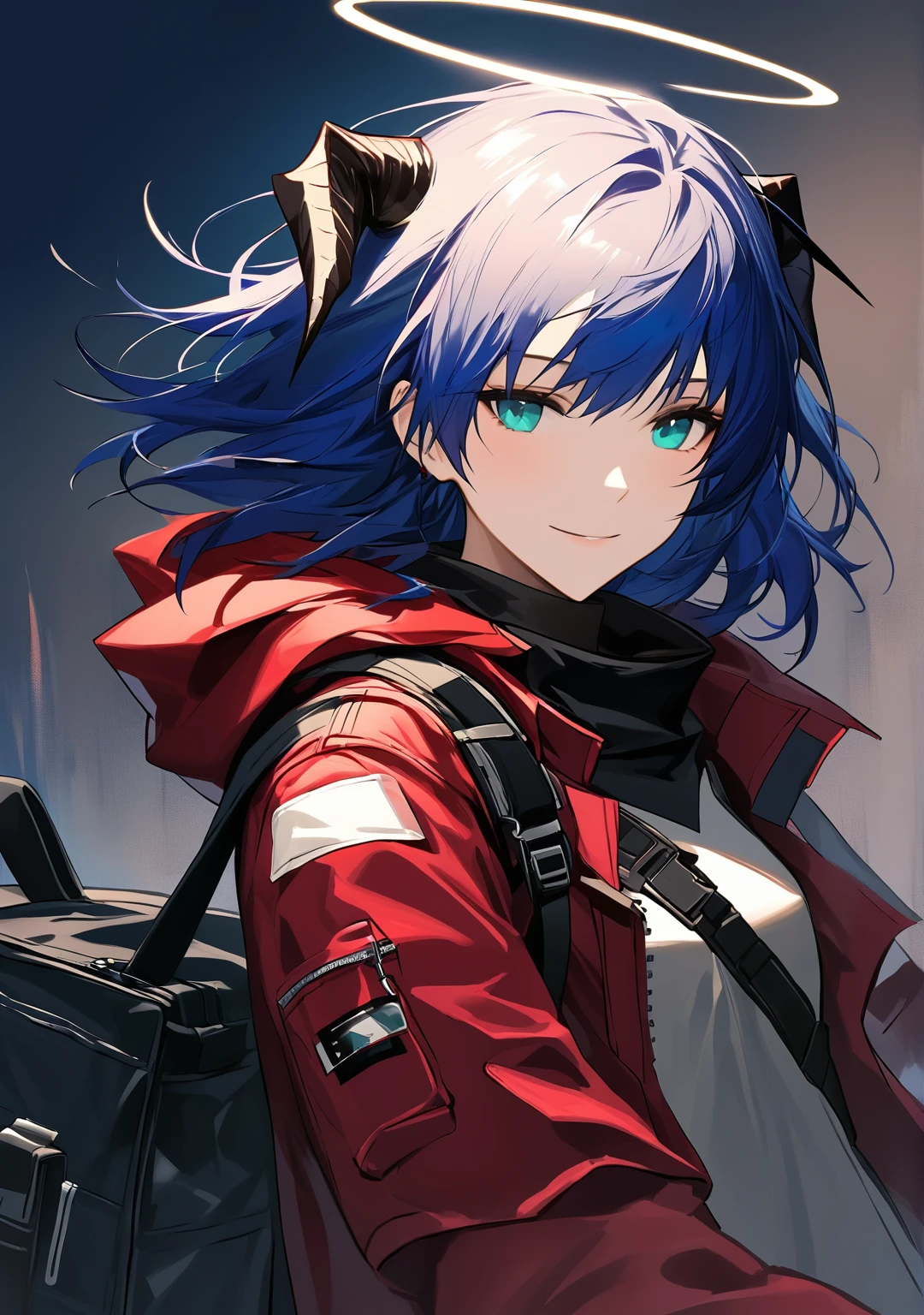 (woman), ((Mostima from arknights)), masterpiece, best quality, blue hair, ((short hair)), horns, plain white shirt, red fullbody coat, red hood, dark blue eyes, realistic anime style, smiling, ((portrait)), black gloves, carring a bag, halo.
