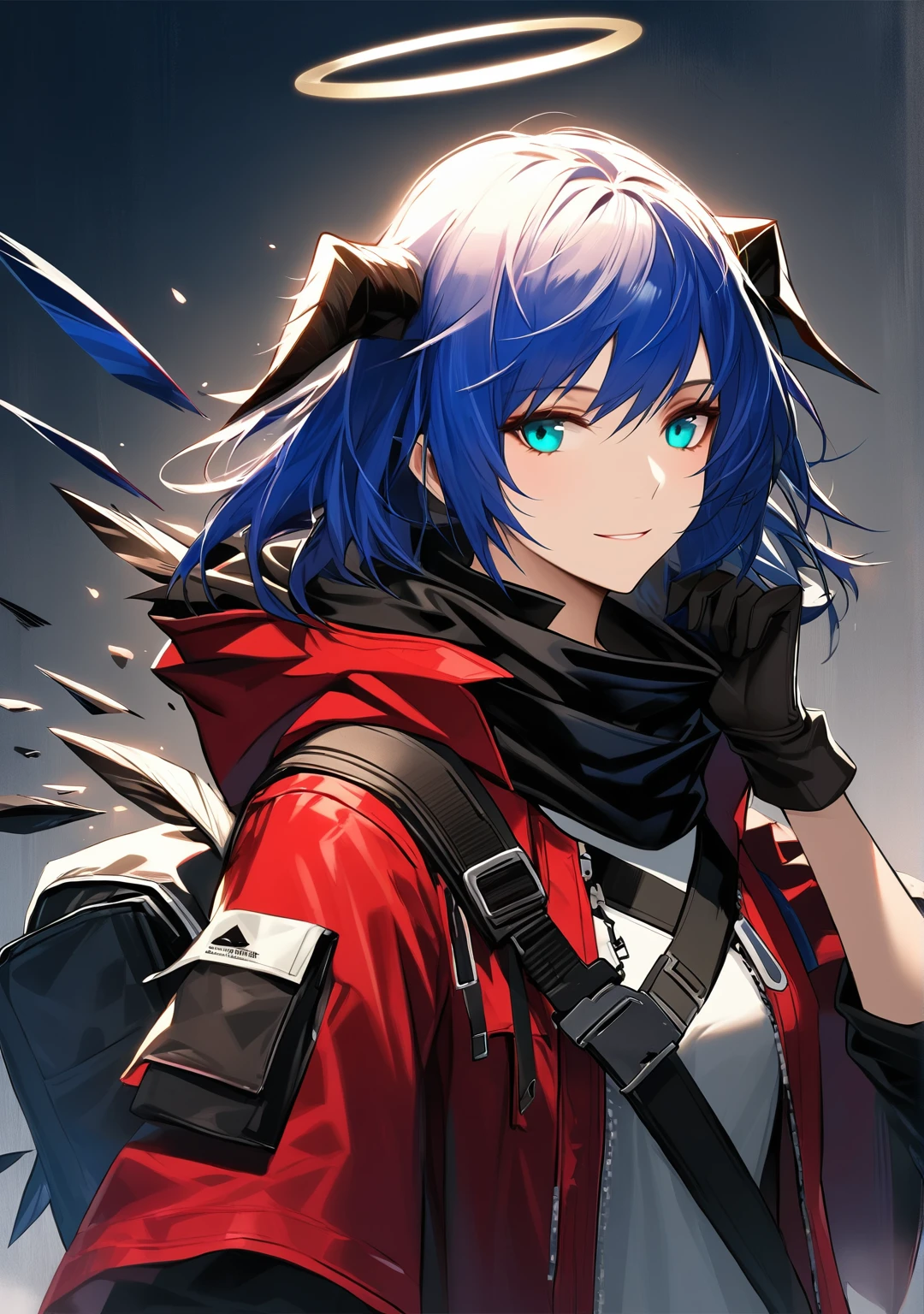 (woman), ((Mostima from arknights)), masterpiece, best quality, blue hair, ((short hair)), horns, plain white shirt, red fullbody coat, red hood, dark blue eyes, realistic anime style, smiling, ((portrait)), black gloves, carring a bag, halo.
